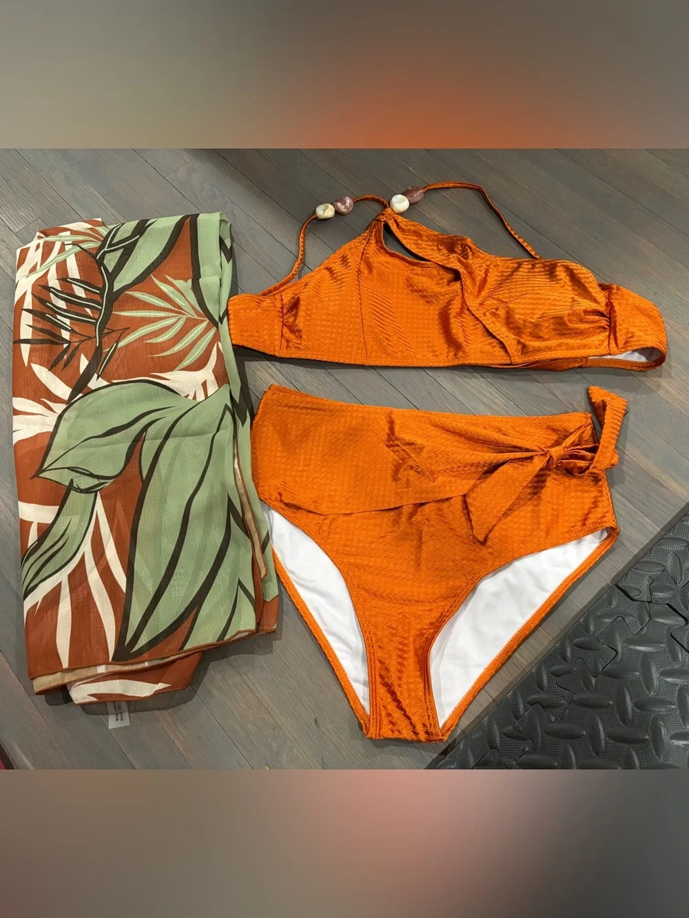 809. Rust Orange Bikini Set with Tropical Leaf Sarong